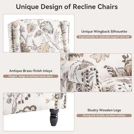 Pushback Recliner Chair, Floral Fabric Wingback Recliner Chair, Upholstered Rivet Trim Armchair Push Back Recliner Accent Chair for Small Spaces, Living Room, Plants Beige Blissabod