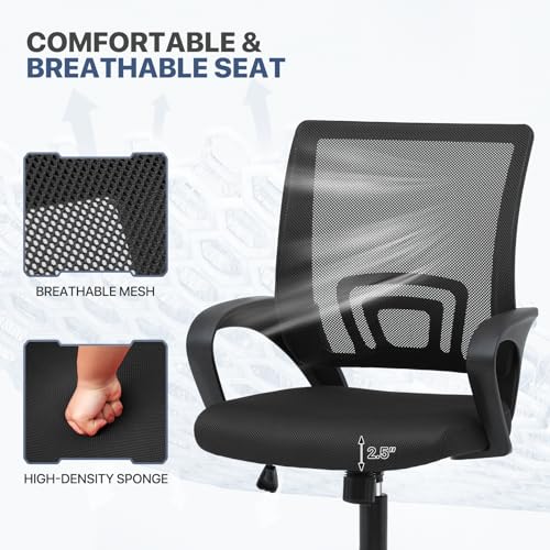 MoNiBloom Mesh Office Chair, Ergonomic Computer Chair for Adults, Rolling Swivel Mid-Back Desk Chair with Lumbar Support, Comfy Armrest for Home Office, Gaming, Black MoNiBloom
