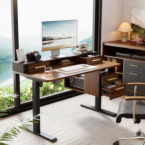 ModernMate Electric Standing Desk with 4 Drawers, 47.2 x 23.6 Inch Height Adjustable Whole Piece Sit Stand Desk, Computer Home Office Workstation with Open Storage Shelf, Black Walnut ModernMate