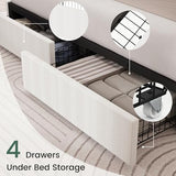 LARMACE Queen Size Bed Frame with 4 Storage Drawers and Wingback Headboard Linen Upholstered Platform Bed Frame with Wooden Slats, Easy Assembly, White LARMACE