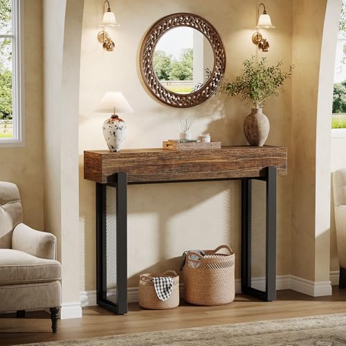Tribesigns 41" Narrow Entryway Table, Wooden Console Table with with Storage, Industrial Small Sofa Table with Mesh Metal Legs for Foyer, Hallway, Entryway, Living Room, Rustic Brown & Black Tribesigns