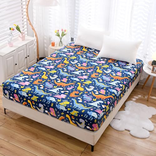 NATURETY Bedding Fitted Sheet with Deep Pocket,Dino Printed Thicken Soft Fabric Bed Sheets (Navy Blue(Dinosaur), Queen) NATURETY