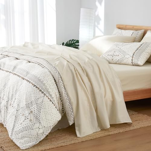 Wake In Cloud - Boho Comforter Set, Farmhouse Bohemian Western Aztec Neutral Aesthetic, Soft Lightweight Bedding, 3 Pieces, Beige, Queen Size Wake In Cloud