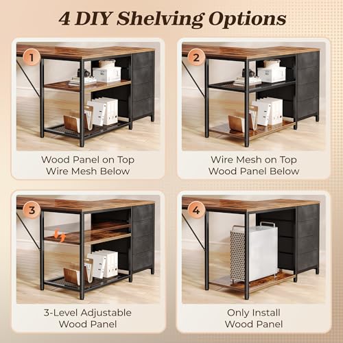 PRAISUN 43.3" Small Computer Desk with Power Outlets and USB-C Port, Reversible L Shaped Corner Office Desk with 4 Fabric Drawers and 2 Height-Adjustable Shelves, for Gaming Writing, Rustic Brown PRAISUN