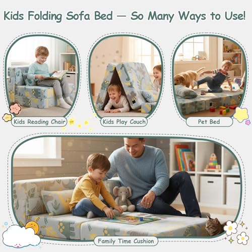 Tiita Kids Folding Sofa Bed Floor Mattress, Trifold Futon Mattress Kids Fold Up Bed, Toddler Fold Out Couch Beds, Foldable Toddler Floor Beds Nap Mat with Storage Bag, Green Dinosaur Tiita