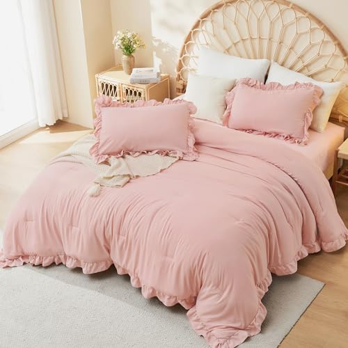 Litanika Full Size Comforter Sets, 3 Pieces Blush Pink Ruffle Girls Women Cute Bedding Comforters & Sets, Lightweight Fluffy Microfiber as Gift (79x90In Comforter & 2 Pillowcases) Litanika