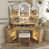 ZKIODV Corner Vanity Desk with 3 Way Mirror & LED Lights, Makeup Table Set with Charging Station, Storage Drawers & Cabinets, Modern Dressing Table with Stool for Bedroom, Women & Girls Gift (Oak) ZKIODV