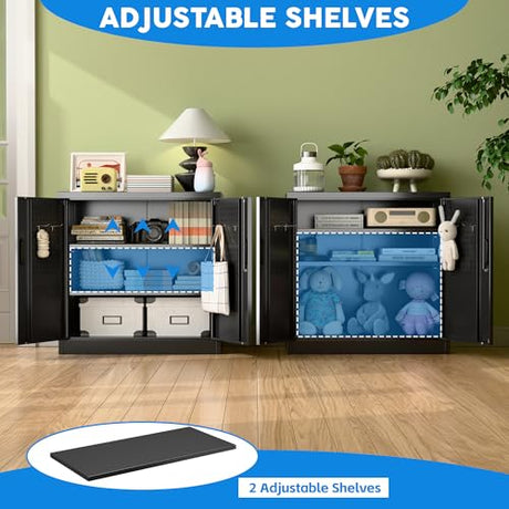 JAORD Metal Storage Cabinet with 2 Lockable Doors and 2 Adjustable Shelves, Locking Garage Storage Cabinet with Pegboard, Small Metal Cabinet with Lock for Garage, Home, Black, Assembly Required JAORD