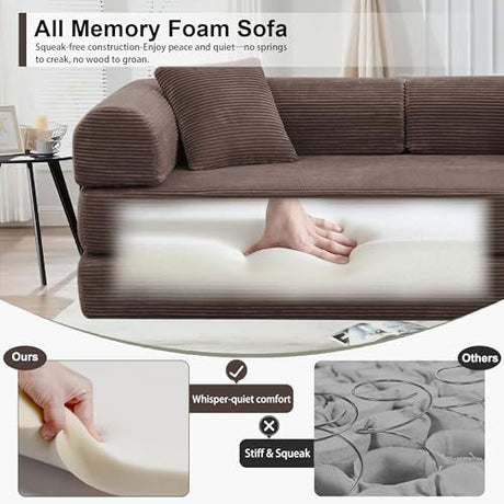 JJJ 63 inch Sofa Bed 4-in-1 Boneless Convertible Corduroy Sleeper Folding Couch with Fixed-Shape Frame and 2 Futons No Assemble Required 3 Seater Upholstered for Living Room (Brown, 63 inch) JJJ