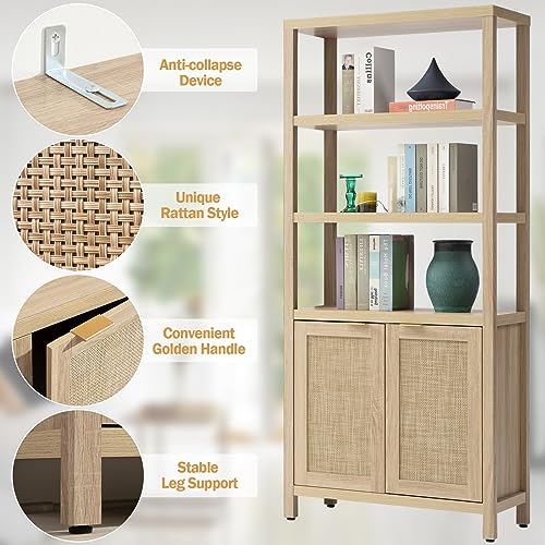 SICOTAS 5-Tier Rattan Boho Bookshelf with Doors - Tall Farmhouse Storage Bookcase for Living Room, Bedroom, and Office SICOTAS