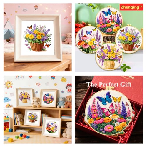 Zhenqing Butterfly Flower Embroidery Kit 4 Pack, Beginner Floral Craft Set with 20cm Hoop, Printed Patterns on 29x29cm Cotton Fabric, DIY Nature Design (JC0083)