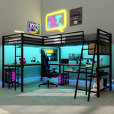 LUMISOL Twin Size Double Loft Bed with LED and Storage Shelves, Metal L-Shaped Loft Bed with 2 Built-in Desks and 2 Charging Stations, Black LUMISOL