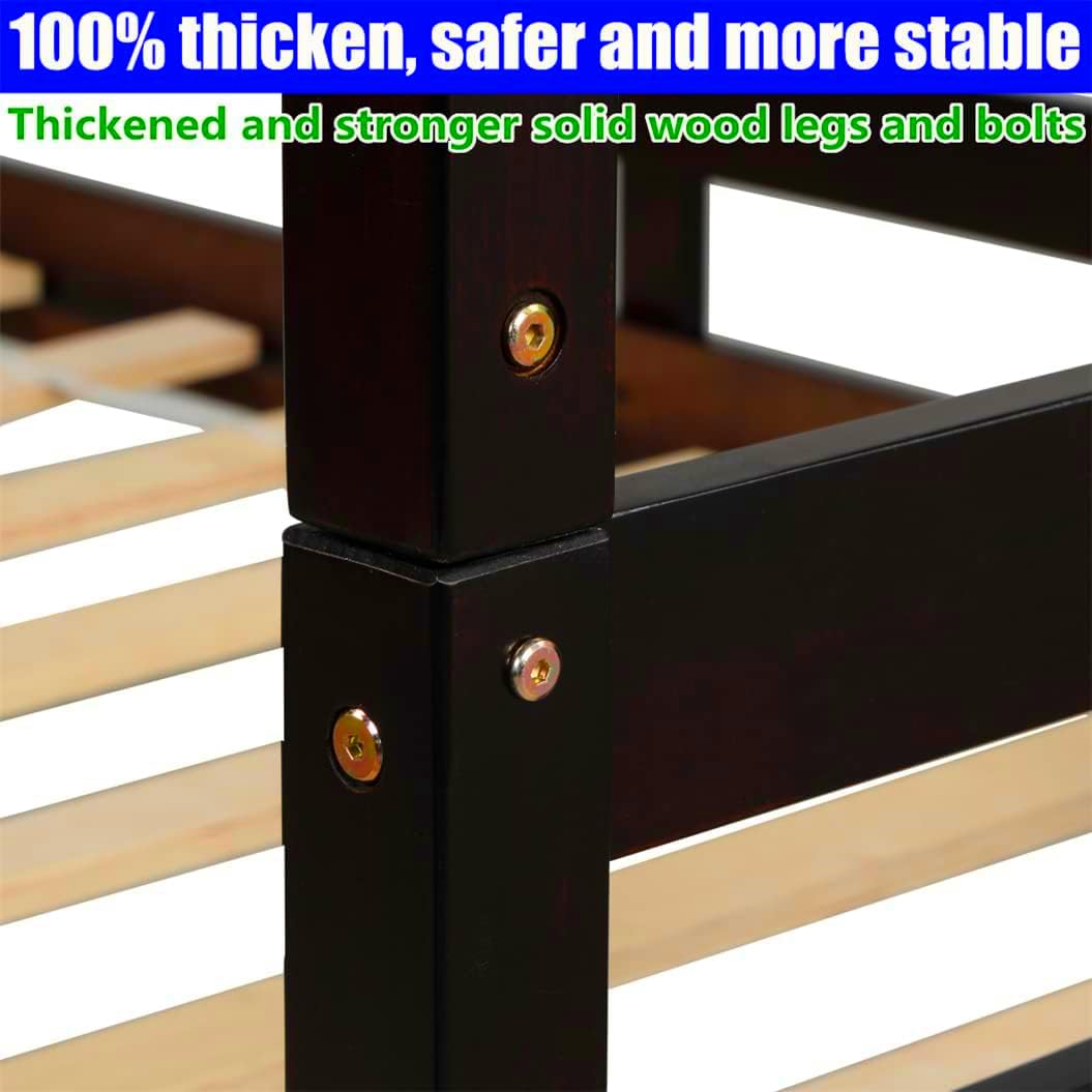 TSAMPA Latest Upgraded & Stronger Heavy Duty Solid Wood Full Over Full Bunk Bed with Trundle, Thickened Safer Convertible Bunkbed Frame (Easier to Assemble) (Espresso) TSAMPA