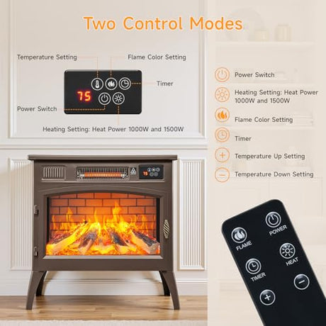 24″ Freestanding Electric Fireplace Stove with 3D Flame Effect and 6 Flame Color, 1000/1500W Infrared Fireplace Stove, 5200 BTU Electric Fireplace Heater with Remote and Timer for Indoor, Brown ONBRILL