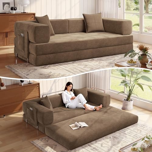 MoonSpeak 78.8''Sleeper Couch Bed for Livingroom,Convertible Modular Sofa with Armrest Pillow,Modular Foldable Corduroy Couches in a Box,No Assembly (Brown) MoonSpeak