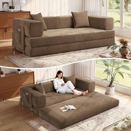 MoonSpeak 78.8''Sleeper Couch Bed for Livingroom,Convertible Modular Sofa with Armrest Pillow,Modular Foldable Corduroy Couches in a Box,No Assembly (Brown) MoonSpeak