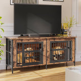 Grepatio 63" Dog Crate Furniture for 2 Dogs, Large Dog Kennel with 360° Rotating Feeder Bowls, Indoor Double Dogs Crates with 4 Doors, Wooden Crate TV Stand with Removable Divider Grepatio
