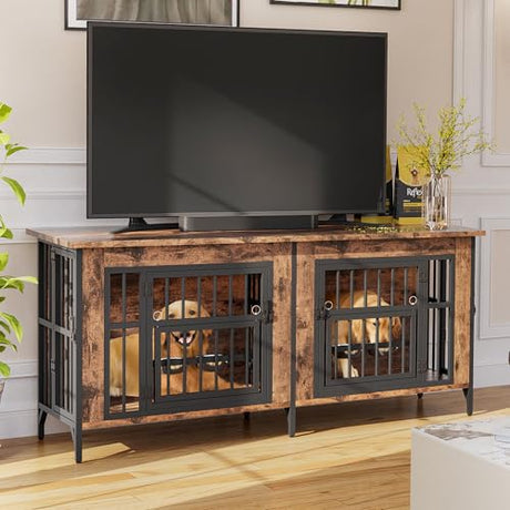 Grepatio 63" Dog Crate Furniture for 2 Dogs, Large Dog Kennel with 360° Rotating Feeder Bowls, Indoor Double Dogs Crates with 4 Doors, Wooden Crate TV Stand with Removable Divider Grepatio