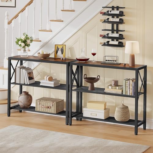 Hoctieon Industrial Console Table, 3-Tier Entryway Tables, Metal Frame, Sofa Table with Shelf, Hallway Tables, Entrance Desk for Entryway, Living Room, Foyer, Hallway, Rustic Brown&Black Hoctieon