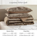 AJOCCI Velvet Quilt Set, Mocha Brown Velvet Quilt King Size Comforter Set, Luxury Bedding Soft Plush Bedspread, Machine Washable Coverlet, All-Season 3 Pieces AJOCCI