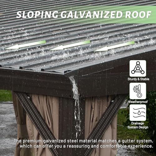 Domi 12x16FT Lean to Gazebo, Aluminum Wall Mounted Gazebo with Sloping Galvanized Steel Roof, Curtains and Netting, Outdoor Hardtop Gazebo Pergola for Patio, Deck, Garden, Backyard domi outdoor living