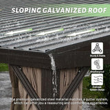 Domi 12x16FT Lean to Gazebo, Aluminum Wall Mounted Gazebo with Sloping Galvanized Steel Roof, Curtains and Netting, Outdoor Hardtop Gazebo Pergola for Patio, Deck, Garden, Backyard domi outdoor living