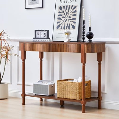 MAHYIZYI Fluted Console Table for Entryway, 43.3'' Narrow Entryway Tables with 2 Wooden Drawers, Retro Sofa Table Behind Couch Accent Tables for Foyer, Living Room, Hallway (Walnut)