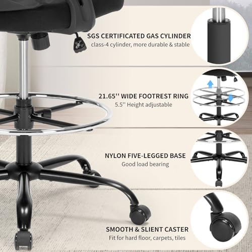Drafting Chair, Tall Office Chair for Standing Desk, Ergonomic Standing Desk Chair with Flip-up Armrests, Counter Height Office Chair with Footrest and Adjustable Lumbar Support Chair Store