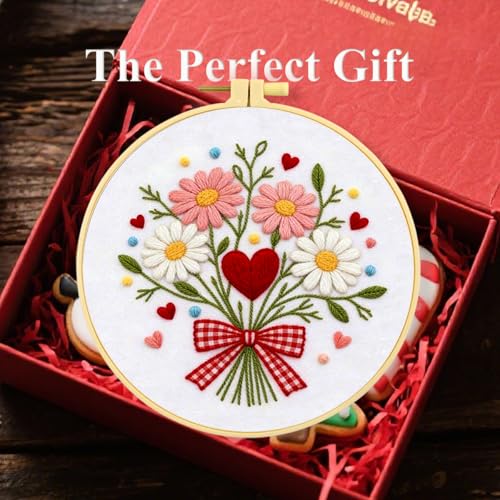 Zhenqing Love Heart Bouquet Embroidery Kit for Beginners, Pre-Printed 29x29cm Cotton Fabric with 20cm Hoop, Sweet Floral Design with Bow and Daisies (C0237)
