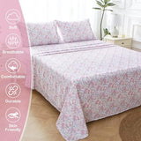 Mooreeke Cozy Vintage Microfiber Printed Queen Sheet Set - Soft Breathable Percale Cotton Floral Bed Sheets with Deep Pocket - Non-Slip Fitted Design - Pink Purple Flowers Pattern Mooreeke