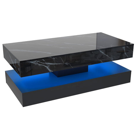 chartustriable 47inch Large High-Glossy LED Coffee Table with 2 Sliding Drawers, Living Room Storage Tables with Marbling Print, Modern Stylish Double-Layer Center Tables w/LED Lights, Black chartustriable