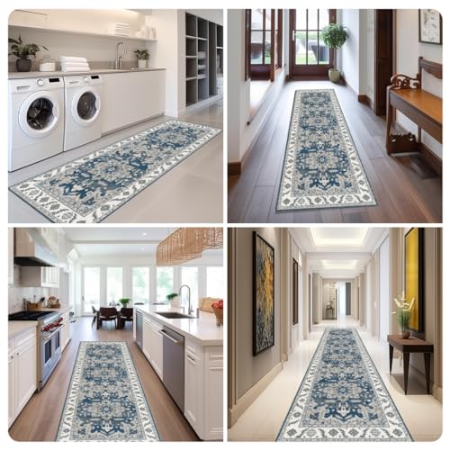 Yanlaza Boho Rug Runners 2x8,Narrow Long Hallway Runners,Kitchen Carpet Non Slip Washable,Rubber Backed Area Rugs for entryway Indoor Bedroom Bedside Farmhouse Laundry Bathroom (Blue, 2'x8') Yanlaza