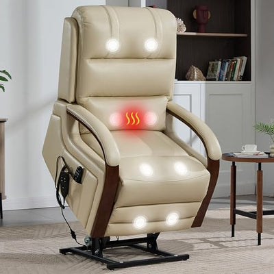 EZZUP Power Lift Recliner Chair for Elderly, Dual Motor Lift Chair with Vibration Massage and Lumbar Heat, Lay Flat Recliner with Solid Wood Armrest, Standing Assistance Reclining, Faux Leather Beige