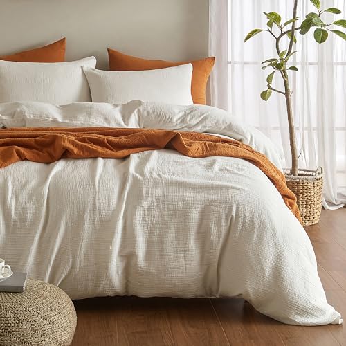 SE SOFTEXLY Muslin Duvet Cover King Size, 100% Washed Cotton Duvet Cover Set, Ultra Soft Comforter Cover Linen Like, 3 Pieces Minimalist Gauze Duvet Cover with 2 Pillowcases, 90"x104", White SE SOFTEXLY