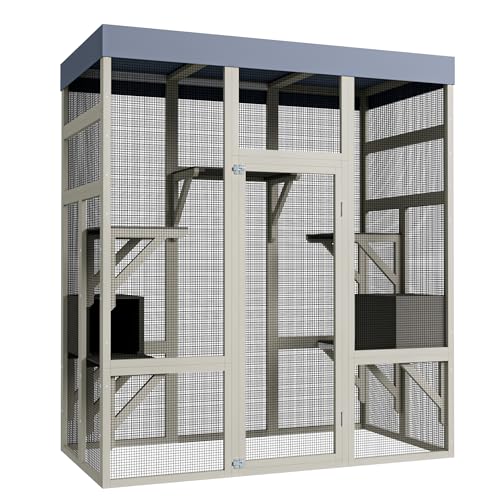 YOPTO 62.6" Outdoor Cat House Big Catio Wooden Cat Shelter Enclosure with Platforms,Upgrade Waterproof Cover,Rust-Proof Metal Wire,Grey YOPTO