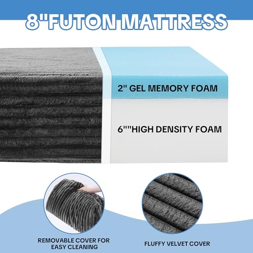 HOMBYS 8 Inch Memory Foam Futon Mattress Full Size, Thick Foldable Futons Sofa Couch Bed Floor Mattress Fits Most Daybed and Futon Frames, 75" x 54"(Frame Not Included, Grey) HOMBYS