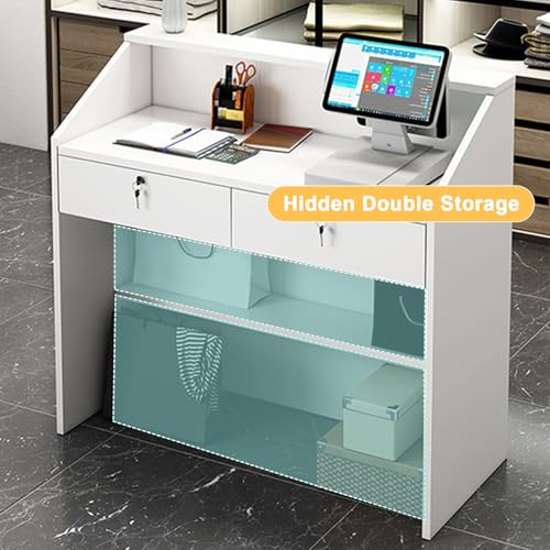 Walisk Modern Reception Desk with Lockable Drawer and Open Shelves, Rectangular, White and Walnut, 60x38x92cm, Office, Working WoodArtSupply