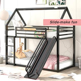 Merax Modern Twin Over Twin Heavy Steel Low Bunk Bed with Ladder and Slide, House Shaped Bunk Bed Frame with Full Lenght Guardrail, No Box Spring Needed, Space-Saving, Black Merax