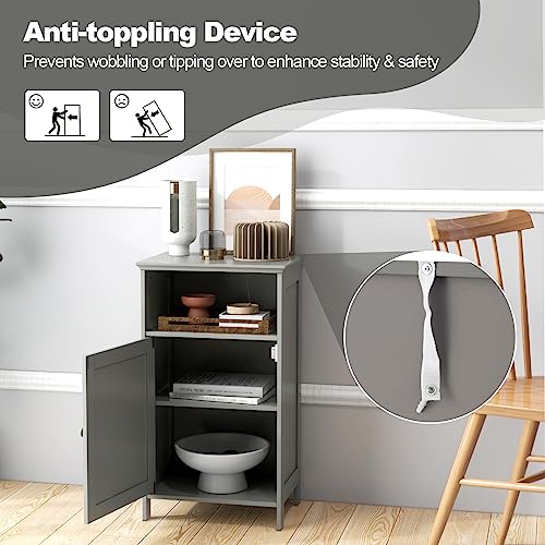 CLEEMAN Bathroom Storage Cabinet, Freestanding Wooden Bathroom Floor Cabinet with Door, Open Shelf, 3-Level Adjustable Shelf, Multipurpose Side Storage Organizer for Living Room, Kitchen (Grey) CLEEMAN
