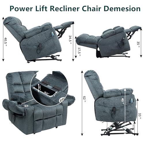 REHOUSING Oversized Power Lift Recliner Big Man 400lbs, Extra Wide Recliner Chair with Lifts Vertically for Elderly, Features Cup Holder, Heat and Massage, Zero Gravity Lay Flat for Adults (Blue)