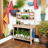 Giantex Garden Potting Bench Table, Large Workbench Table with Shelves, Openable Tabletop Hidden Storage Cabinet, 3 Hooks, Outdoor Wooden Workstation for Patio Garden Garage, 43.5"x19.5"x 60.5" Giantex