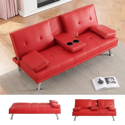 KEIKI 67" Leather Folding Futon Sofa w/Cup Holder & Adjustable Backrest, Mid Century Modern Couch Loveseat Convertible to Sleeper Bed, Comfy Cloud Couch SofaBed for Living Room & Bedroom, Red KEIKI