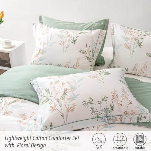 ALEISSEL Natural Cotton 3pcs Botanical Comforter Sets King Size-Green Comforter with Luxurious Tan & Gray Leaves on White, Reversible Lightweight Floral Bedding Sets(King 104"×90") ALEISSEL
