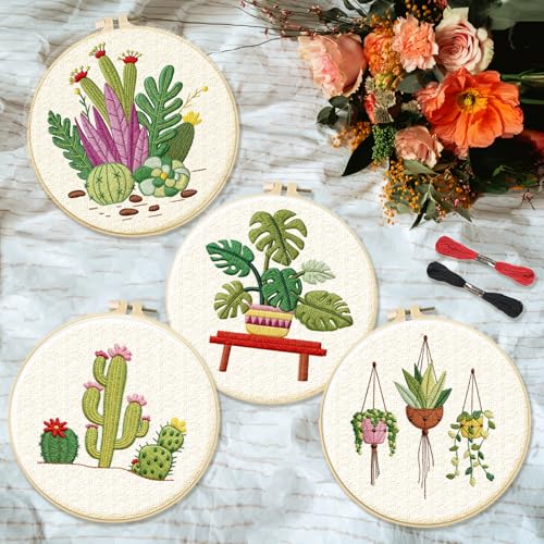 INFUNLY 4 Pack Tropical Plants Embroidery Kit for Beginners Adults Cactus Embroidery Starter Kit Punch Needle Embroidery Kits Palm Leaf Cross Stitch Kits with Patterns Instructions for DIY