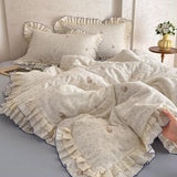AMZTOP Blue Beige Floral Rabbit Duvet Cover Queen Size with 2 Pillowcases,100 Cotton Muslin Gauze Bed Set for Baby Kids,Lightweight Breathable Lace Ruffle Duvet Covers Teen Girls Queen 90"×90" AMZTOP