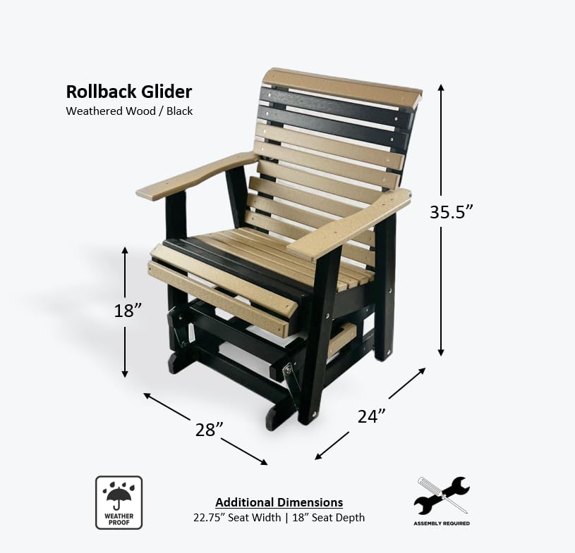 Poly Outdoor Glider - Premium Quality | Affordable Price - Amish Handcrafted in The USA - 20-year Warranty - All-Weather Resistant & Maintenance Free - Rollback Style (Weathered Wood/Black) WoodArtSupply