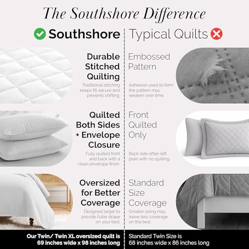 Southshore Fine Living, Inc. XL Twin Quilt Set, Microfiber Quilted Bedspread, White Bedding Twin Coverlet w/Pillow Sham, Pet Hair Resistant Bedding Coverlet Set, Quilted Comforter, Bright White Quilt Southshore Fine Living, Inc.