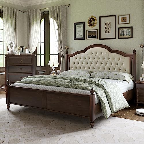 AMERLIFE King Size Solid Wood Bed Frame, Transitional Platform Bed with 52.5" Upholstered Tufted Headboard, Rubberwood/Roman Column Accents/Wood Slat Support/No Box Spring Needed AMERLIFE