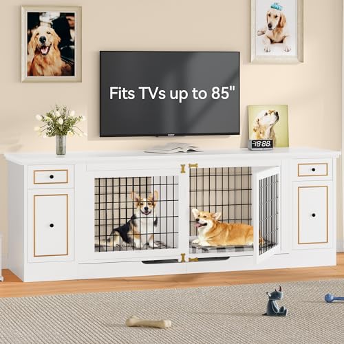 YITAHOME Double Dog Kennel Furniture with Tray, 79" Dog Crate Table with Storage for 2 Small/Medium Dogs, Indoor Wooden Dog House TV Stand, White - WoodArtSupply