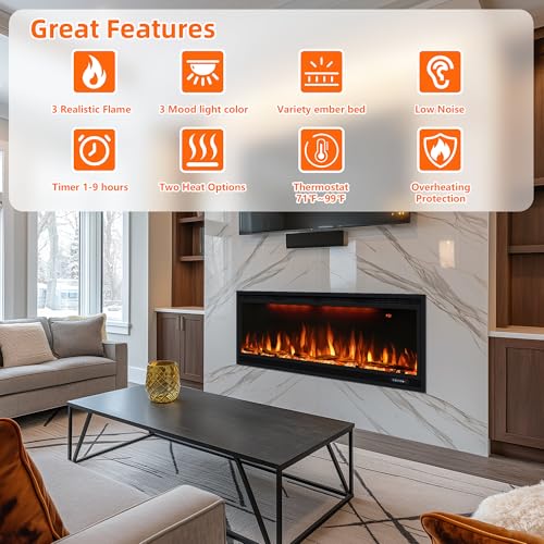 42 inch Smart Electric Fireplace with App Control, Wall Mount & in Wall recessed Fireplace Inserts, Multicolor Flame w/Realistic Log &Crystals, Overheating Protection and Timer, 750W/1500W, Black Dreamflame